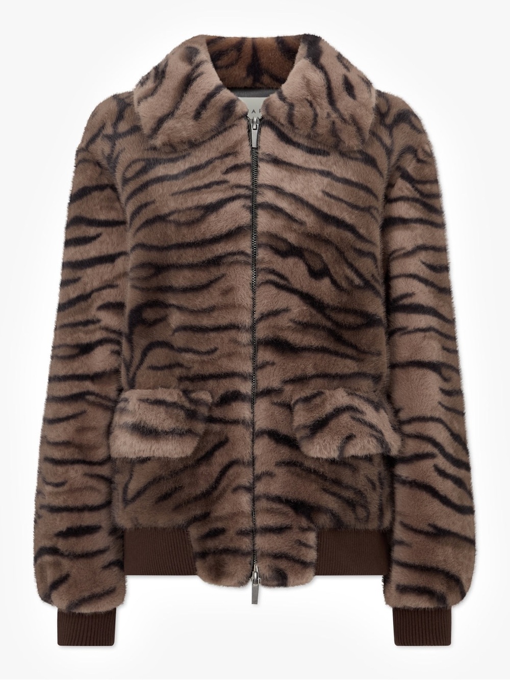 Charlotte Simone Brown Tiger Print Faux Fur Bomber Jacket Animal Print